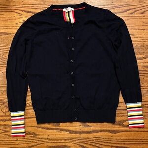 Boden Navy Cardigan Sweater with Striped Cuffs